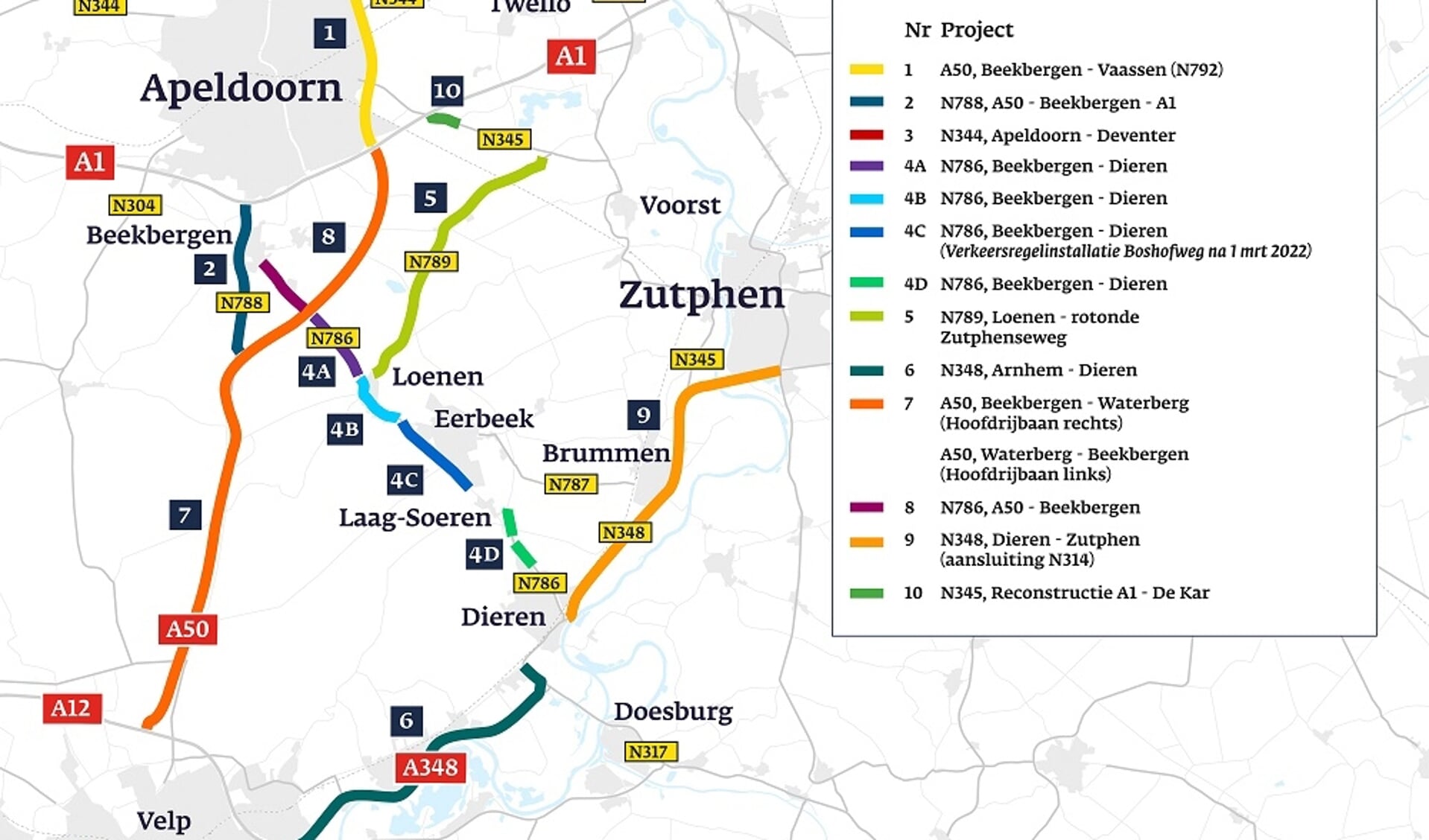 Kaart met een overzicht van de wegen waar het komend jaar groot onderhoud wordt uitgevoerd. Foto:  Provincie Gelderland