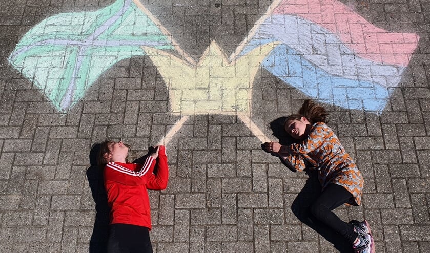 Meike en Bente - 8 en 6 jaar (Achterhoekse en Nederlandse vlag). Eigen foto