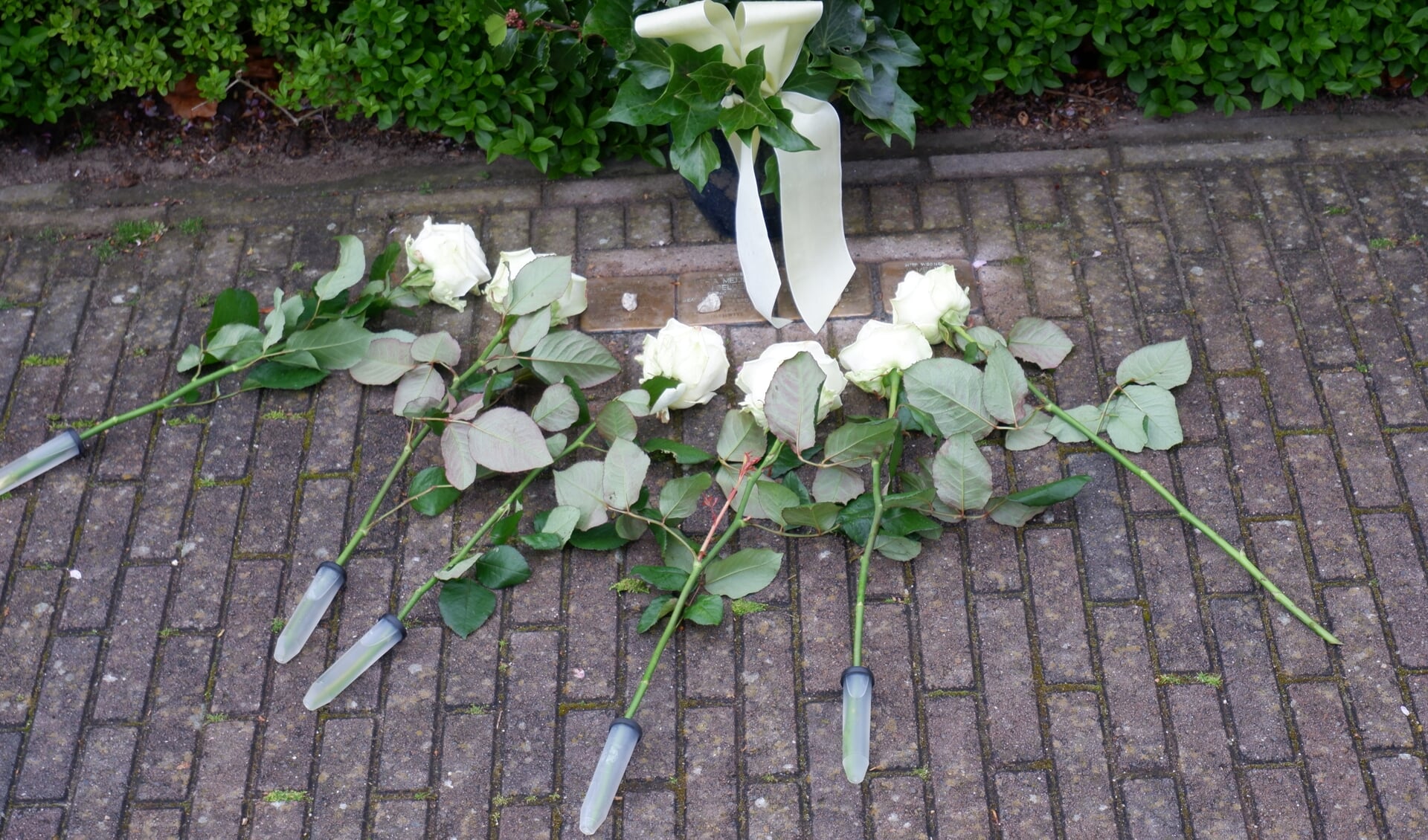 Bloemen bij de Stolpersteine, oftewel 'struikelstenen' in Geesteren. Foto: PR