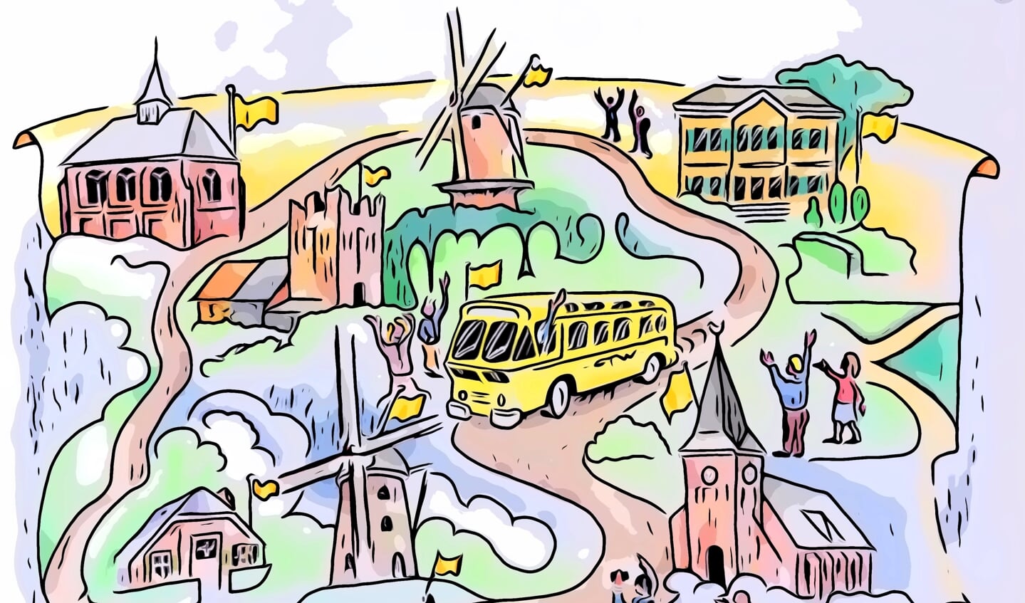 Zwaaien naar de bus tijdens de Open Monumentendagen Bronckhorst in september. Beeld: Gijs Boelaars