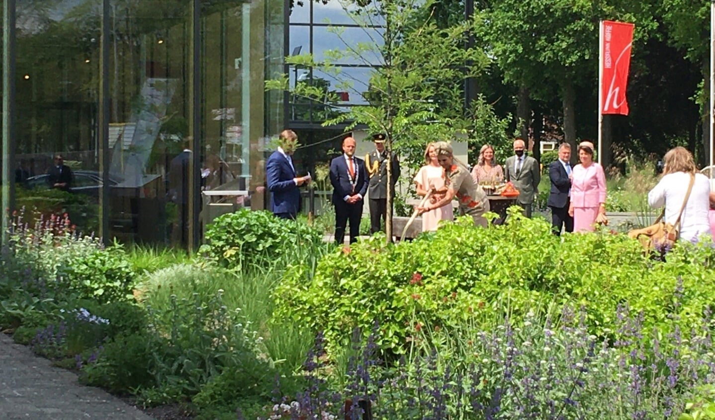 De koningin plant de boom voor het pand van Hesselink. Foto: Henk KIp