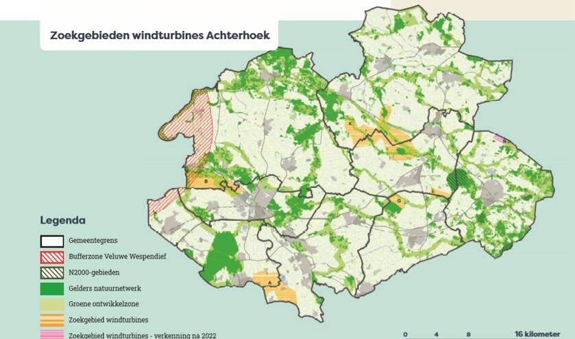 De gebieden waarbinnen gezocht gaat worden naar locaties voor windturbines. Foto: RES Achterhoek