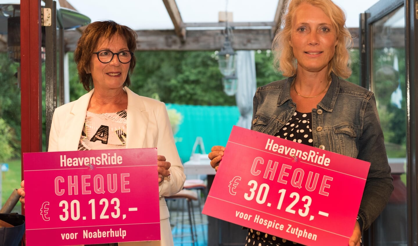 Uiteraard waren de besturen van Hospice Zutphen en Noaberhulp zeer verguld met de cheque geschonken door de Stichting Heavensride. Foto: PR.  Foto: PR. 