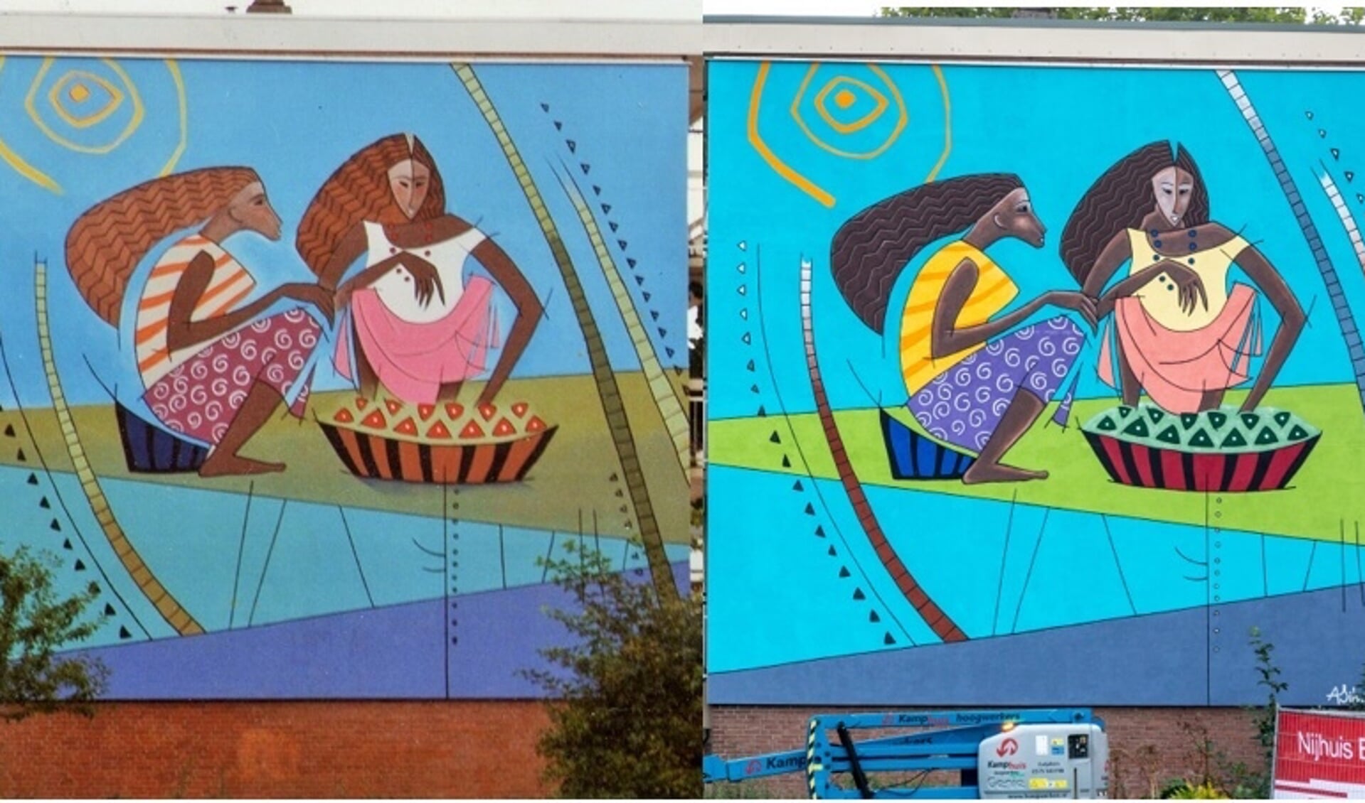 Zoek de verschillen tussen (links) de originele muurschildering in 1992 (Foto: Galeria Rancho Santana/Augusto Silva) en (rechts) de herstelde muurschildering (Foto: Henk Derksen)