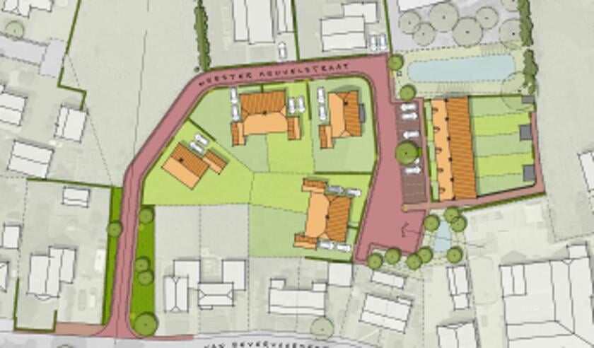 De plattegrond van het gebied, met de nieuwbouw ingetekend. Foto: PR