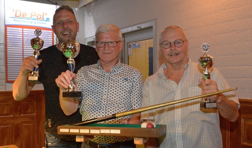 <p>De winnaars van de onderlinge biljartcompetitie 7.0 ‘De Pol’. Foto: Rob Verkerke</p>