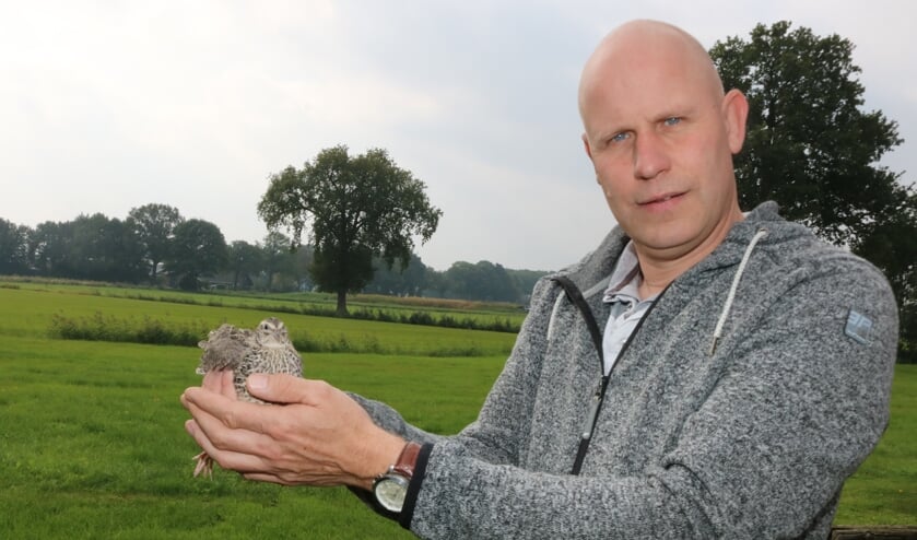 <p>PEKLO-voorzitter Freddie Bettink met één van zijn japanse kwartels. Foto: Arjen Dieperink</p>