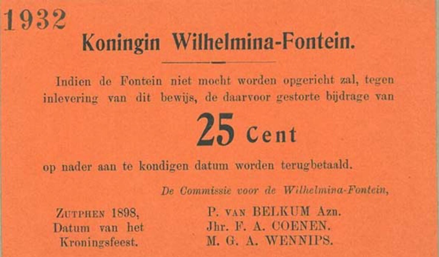 Bewijs van financiële bijdrage van 0,25 cent ten tijde van de oprichting van de Wilhelminafontein in 1898. 