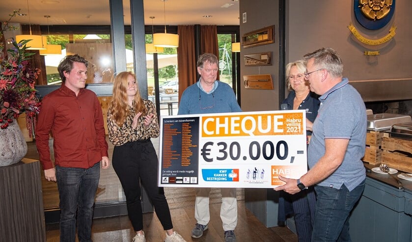 Hans Bruns van Habru Doetinchem (geheel rechts) en Gerard Hendriksen (geheel rechts) overhandigen hun cheques aan Sem Engels (links) en Jip van Dinter. Foto: Martie Seesing