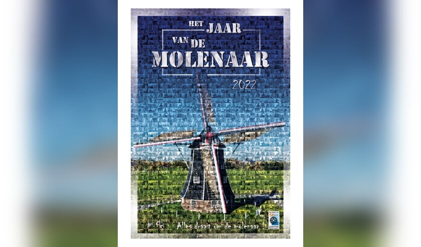 Poster van het Jaar van de Molenaar. In de afbeelding zijn kleine portretjes van molens en molenaars te zien. Foto: Paul van Druten