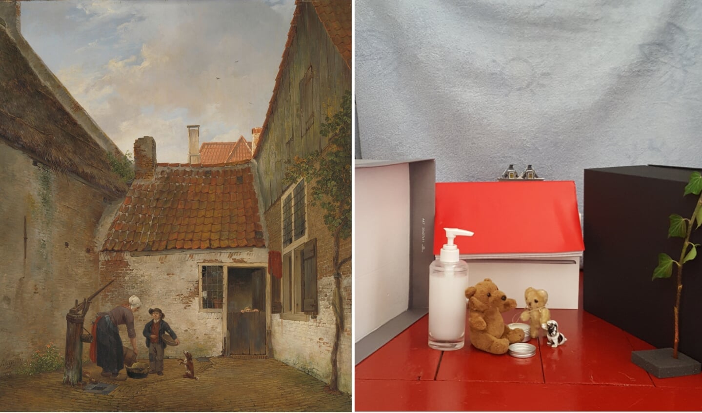 Een voorbeeld van de lockdownchallenge. Deze inzending maakte het schilderij na van Andreas Schelfhout, Binnenplaatsje, ca. 1825. Beeld: Collectie Rijksmuseum