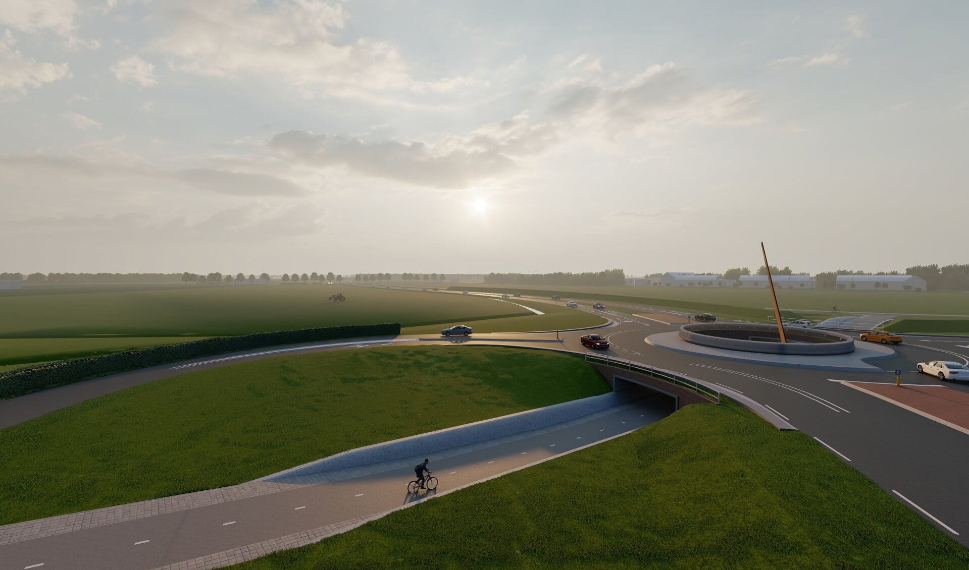 Impressie van de nieuwe rondweg De Hoven met turborotonde en fietstunnel. Beeld: Provincie Gelderland