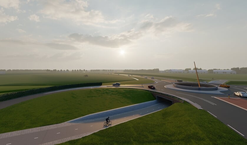 <p>Impressie van de nieuwe rondweg De Hoven met turborotonde en fietstunnel. Beeld: Provincie Gelderland</p>  