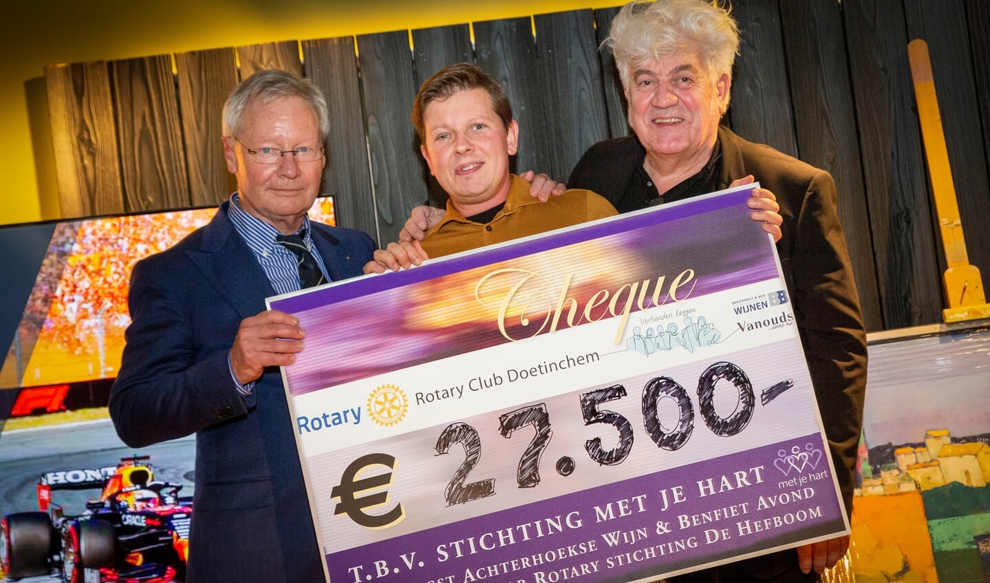 Frank Jansen (links) en Günter Giesen (rechts), duovoorzitters van Rotary Club Doetinchem overhandigen Niek Prins van Met je Hart Doetinchem de prachtige cheque. Foto: Ilse Bekker