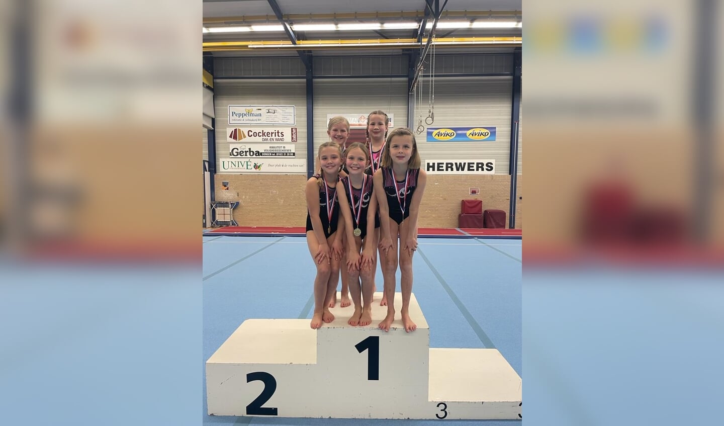 Fieke Smiers, Evi Wenting, Nora Jansen, Jacky Seegers en Marie van Til turnden prima oefeningen en eindigden als eersten. Foto: PR