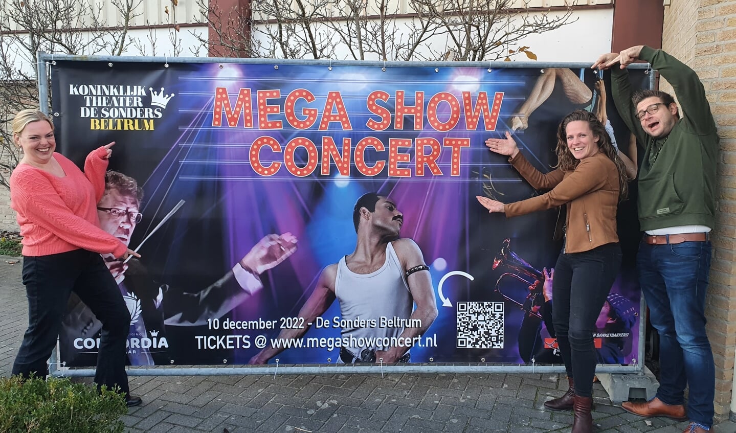 Chantal te Braake, Anne Groot Zevert en Niels Voortman als 'comité van aanbeveling' bij hun doek van het Mega Show Concert. Foto: Henri Walterbos