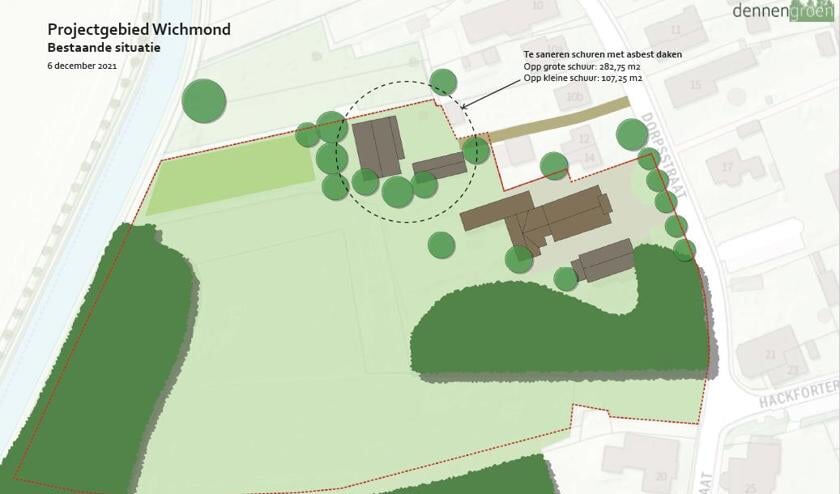 Kaart met daarop ingetekend de situatie zoals deze nu is achter de kerk. Afbeelding: Achterhoekse wooncoöperatie