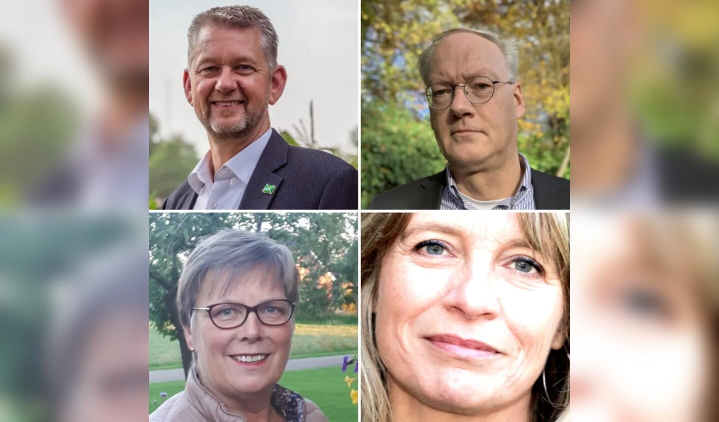 Met de klok mee, vanaf linksboven: Eric-Jan de Haan (VVD), Lex de Goede (MmL), Wendy Goodin (GB) en Marja Eggink (GB). Foto: PR