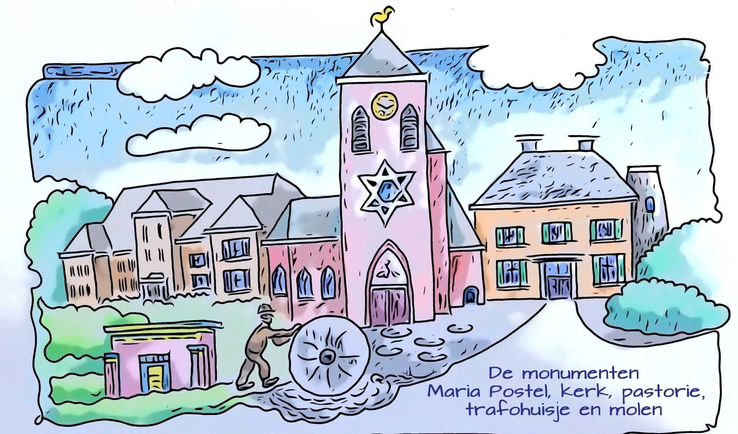 Pastoor Thuis, een molensteen duwend, is geëerd met een standbeeld. Illustratie: Gijs Boelaars