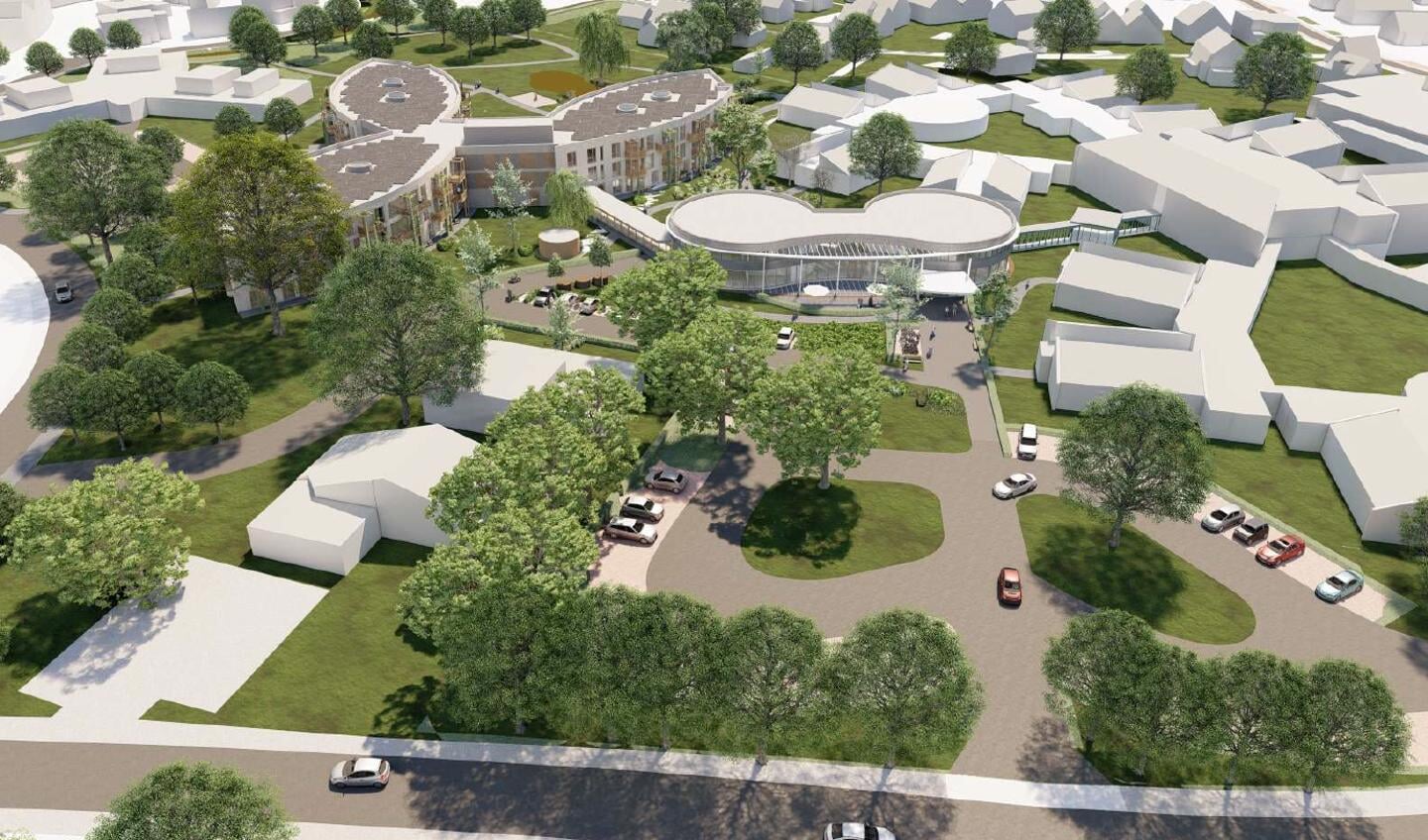 Artist Impression met links in beeld de bladvormige nieuwbouw van De Bettekamp, ontworpen door IAA Architecten