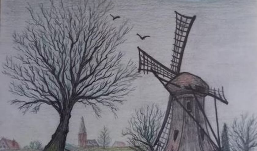 Zicht op kerk, molen en woonhuis. Jan Waamelink. Foto: eigen collectie