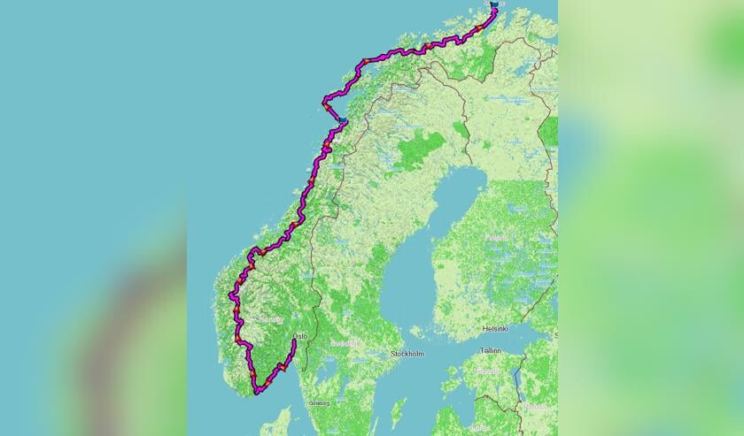 De volgebrachte route naar De Noordkaap.