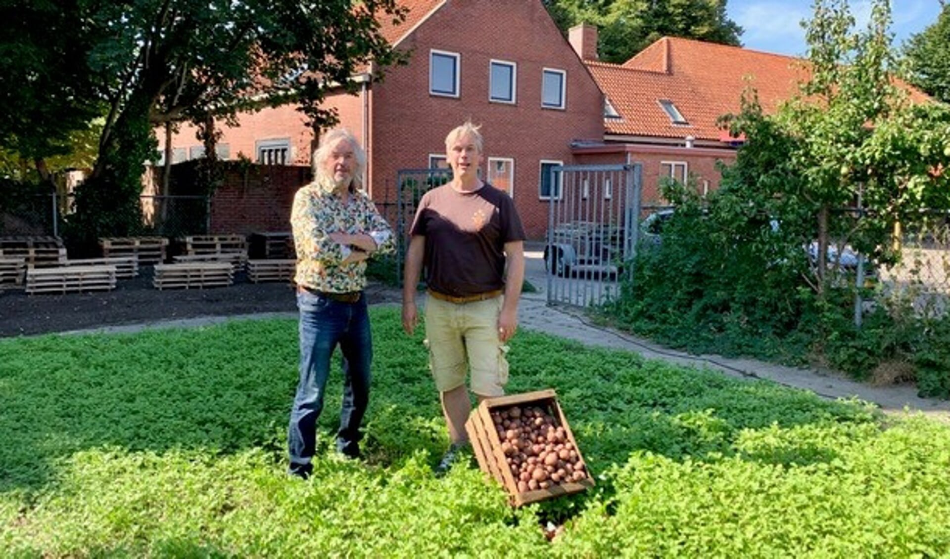 Ronald Mullié (links) en Leander Grooten (rechts) in de tuin van Klimop waar het Biltstar Aardappelfestival plaats vindt. Foto: Maarten Reuvekamp