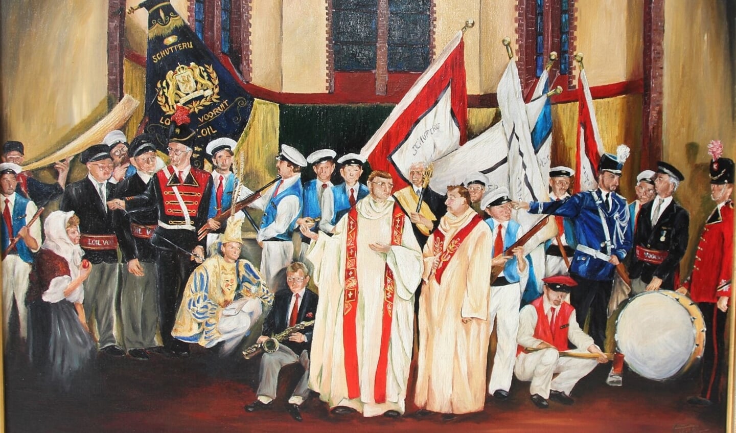 ‘Loilse Nachtwacht’, in 1992 geschilderd door Edwin van Onna. Hierop zijn alle Loilse verenigingen afgebeeld. Dit schilderij wordt gebruikt voor de openingsact van ’t Hart van Loil op zondagmiddag 11 september. Foto: Frank Gries