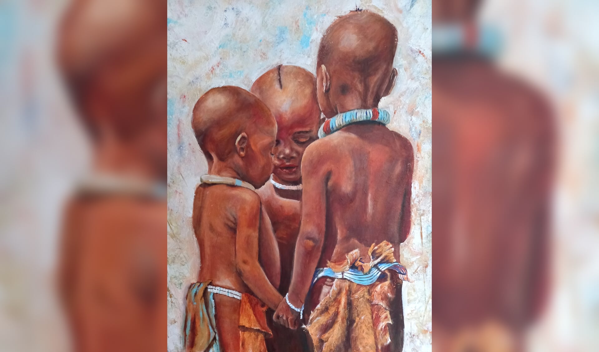 Drie Himba kinderen, geschilderd door Ans van Breda. Eigen foto