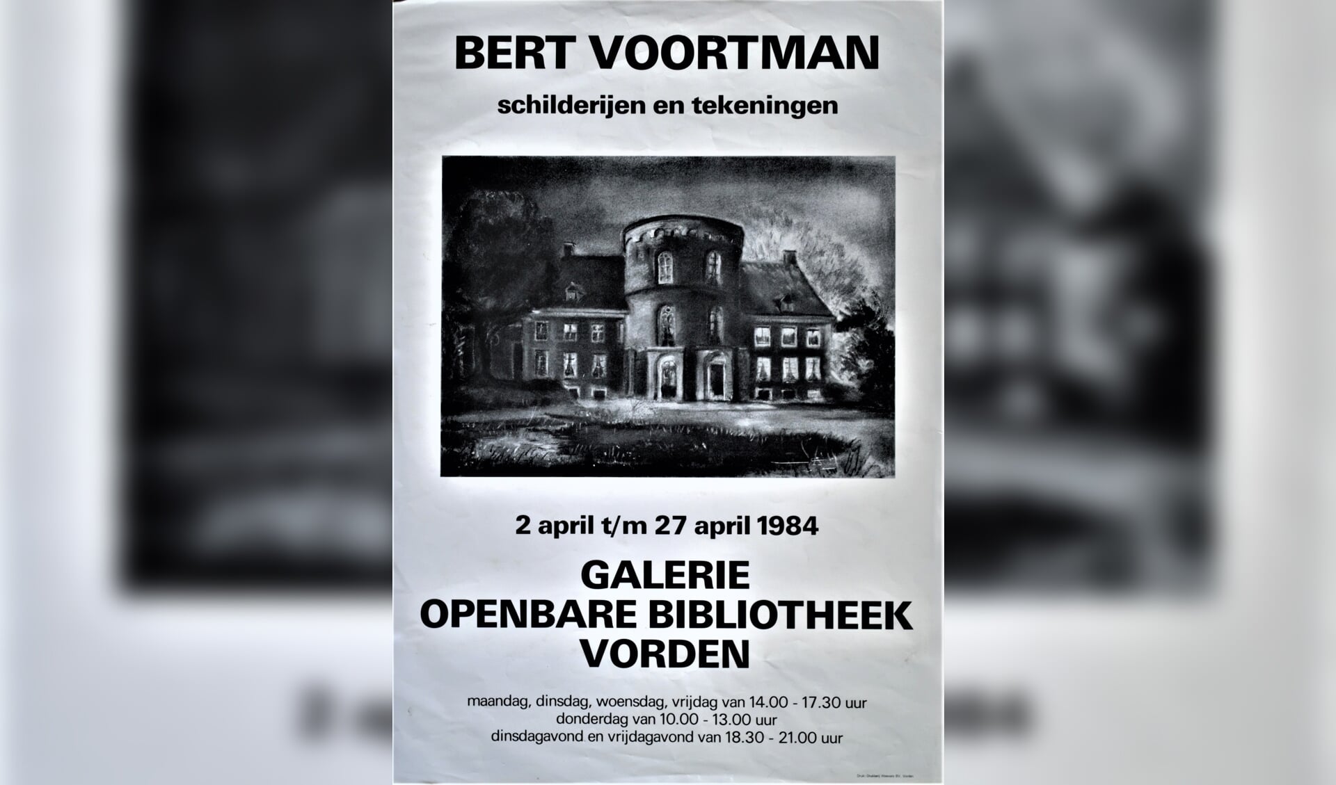 Een poster voor een expositie in de Vordense bibliotheek, in april 1984. Beeld: archief Willem Sprengers