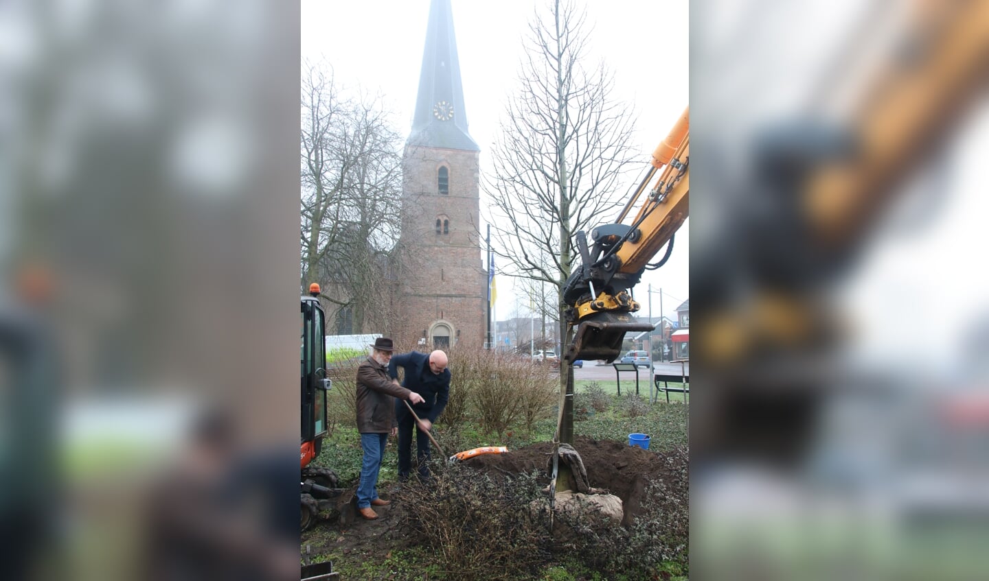 Wethouder Wilko Pelgrom helpt met planten van de zilverlinde in het centrum van Vorden. Foto: Maaike te Stroet