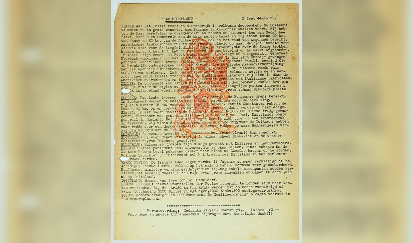 Fontloupe 2 sept 1944 met Oranje leeuw. Bron: Regionaal Archief Zutphen