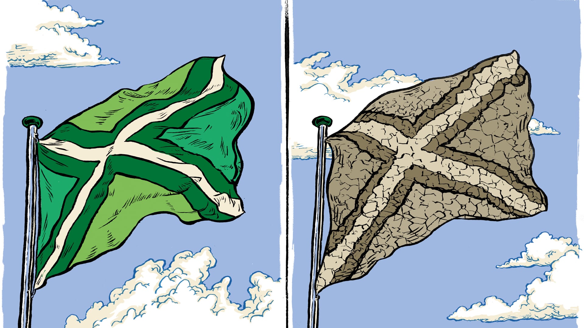 Moet de Achterhoekse vlag in de toekomst worden aangepast. omdat de bodem uitdroogt? Illustratie: Marc Weikamp