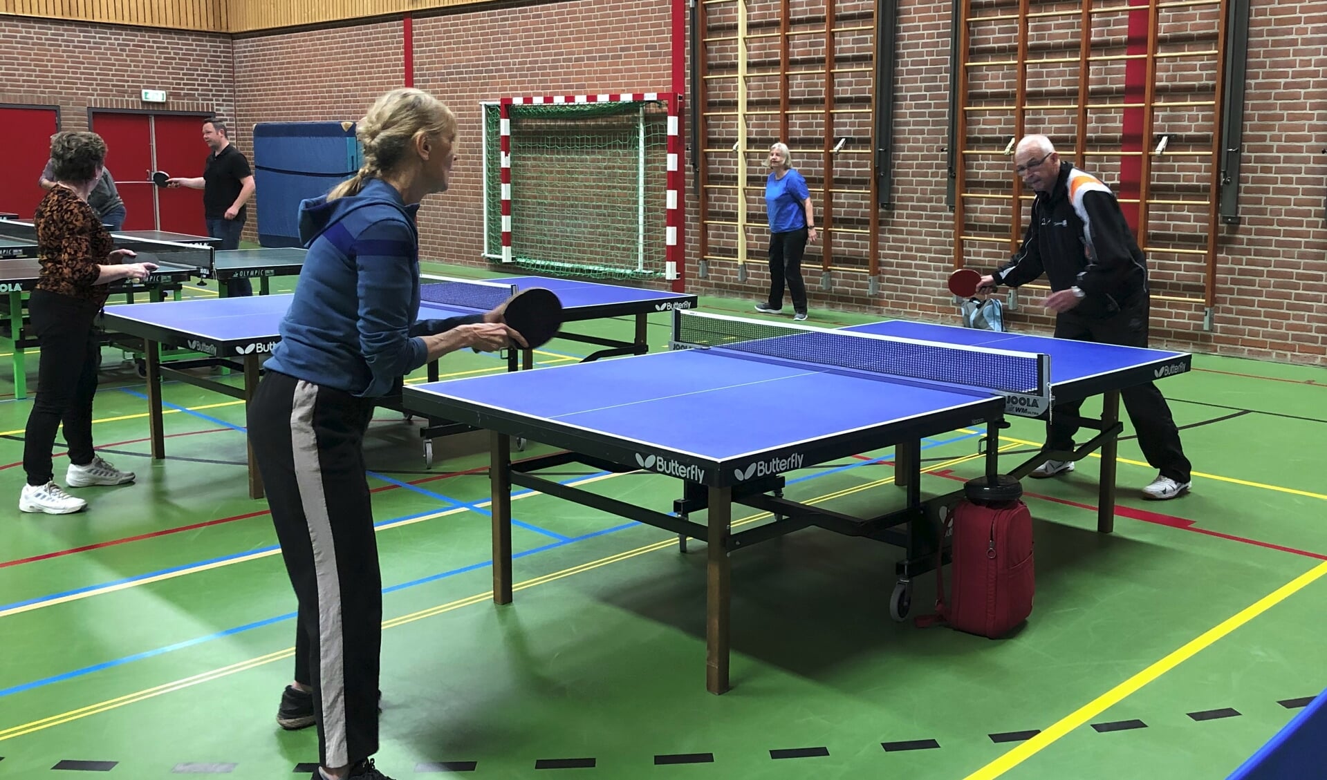 Walter Rouwhorst spelend tegen legende Bettine Vriesekoop, bij de introductie van OldStars tafeltennis bij het inmiddels vijftigjarige VIOS Beltrum. Foto: PR
