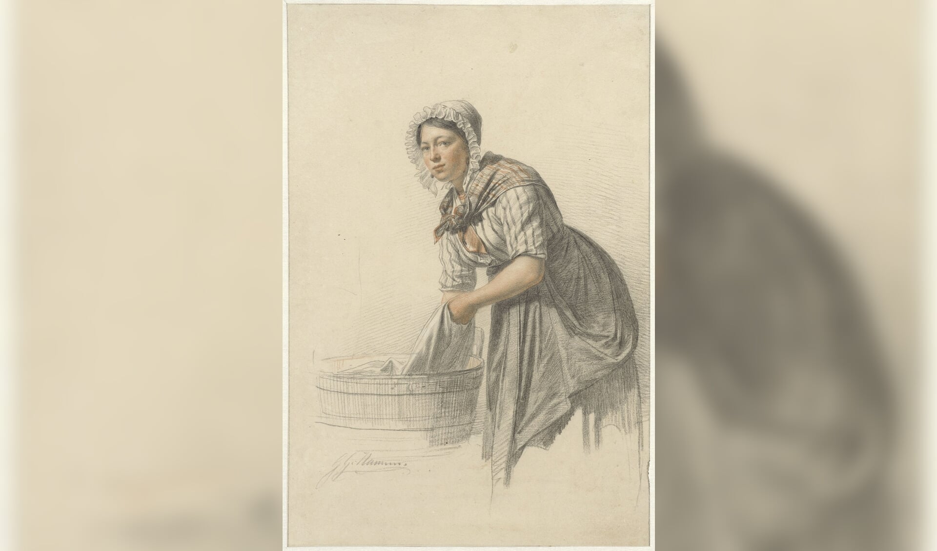 De afbeelding van de wasvrouw, een tekening van George Gillis Haanen, prijkt op het programmaboekje. Beeld: Schenking van het Genootschap Kunstliefde