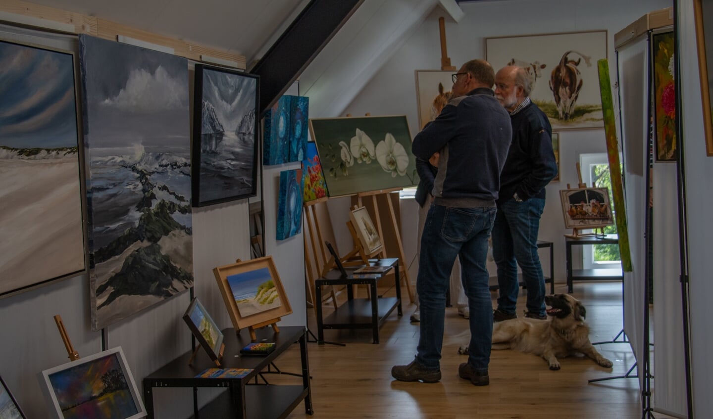 Bezoekers van Atelier De Carolinahoeve in Zelhem bekijken werk van Pam Hessels, Carolien Harteveld en Cees Roorda. Foto: Liesbeth Spaansen 