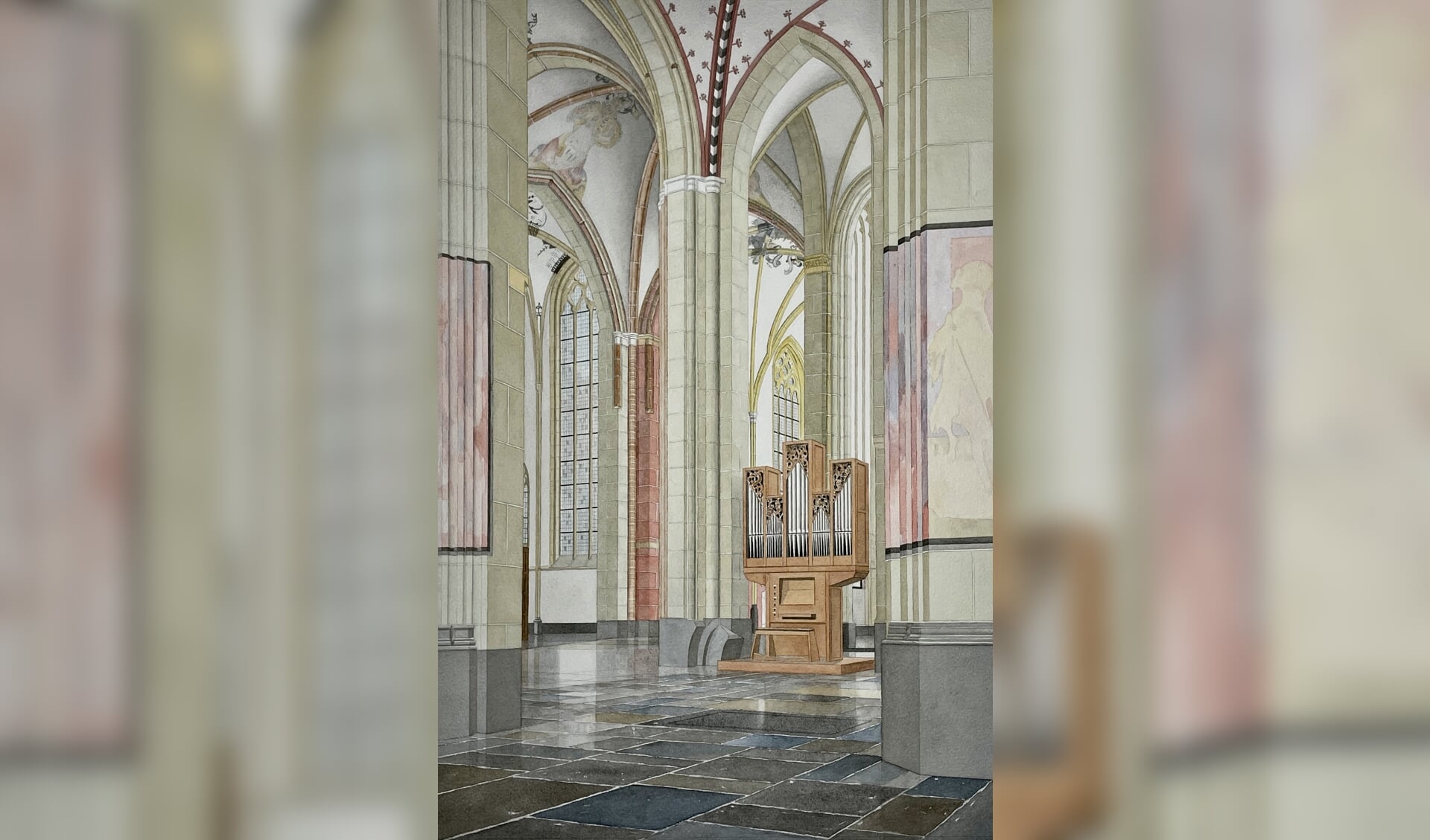 Aquarel van het interieur van de Walburgiskerk. Foto: PR