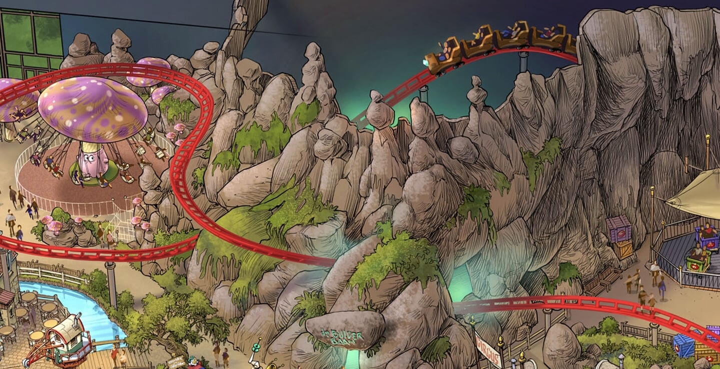 Artist impression van indoor attractiepark Bommelwereld.