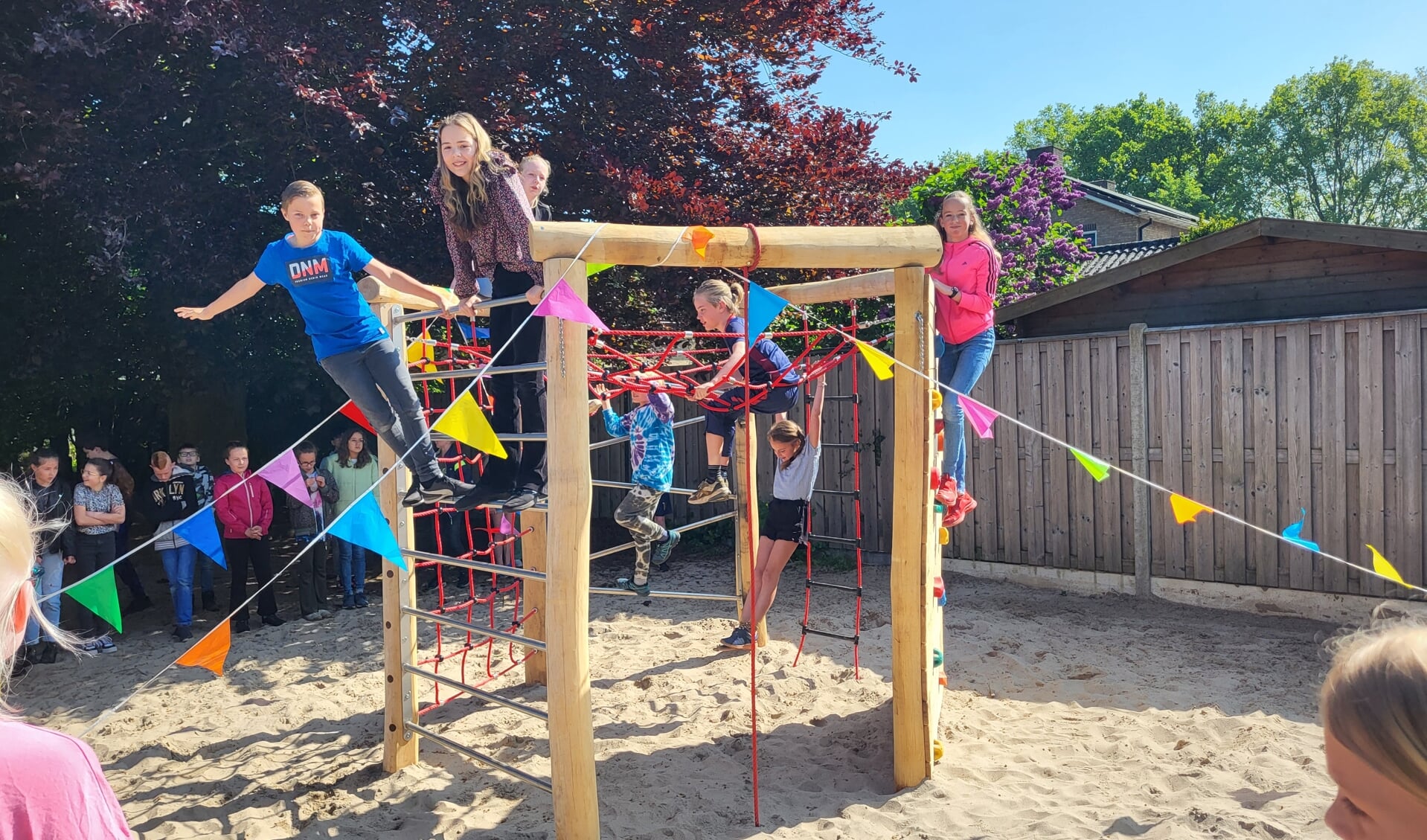 De leerlingenraad van basisschool de Rank opende het nieuwe speeltoestel. Foto: Iris Diesveldt