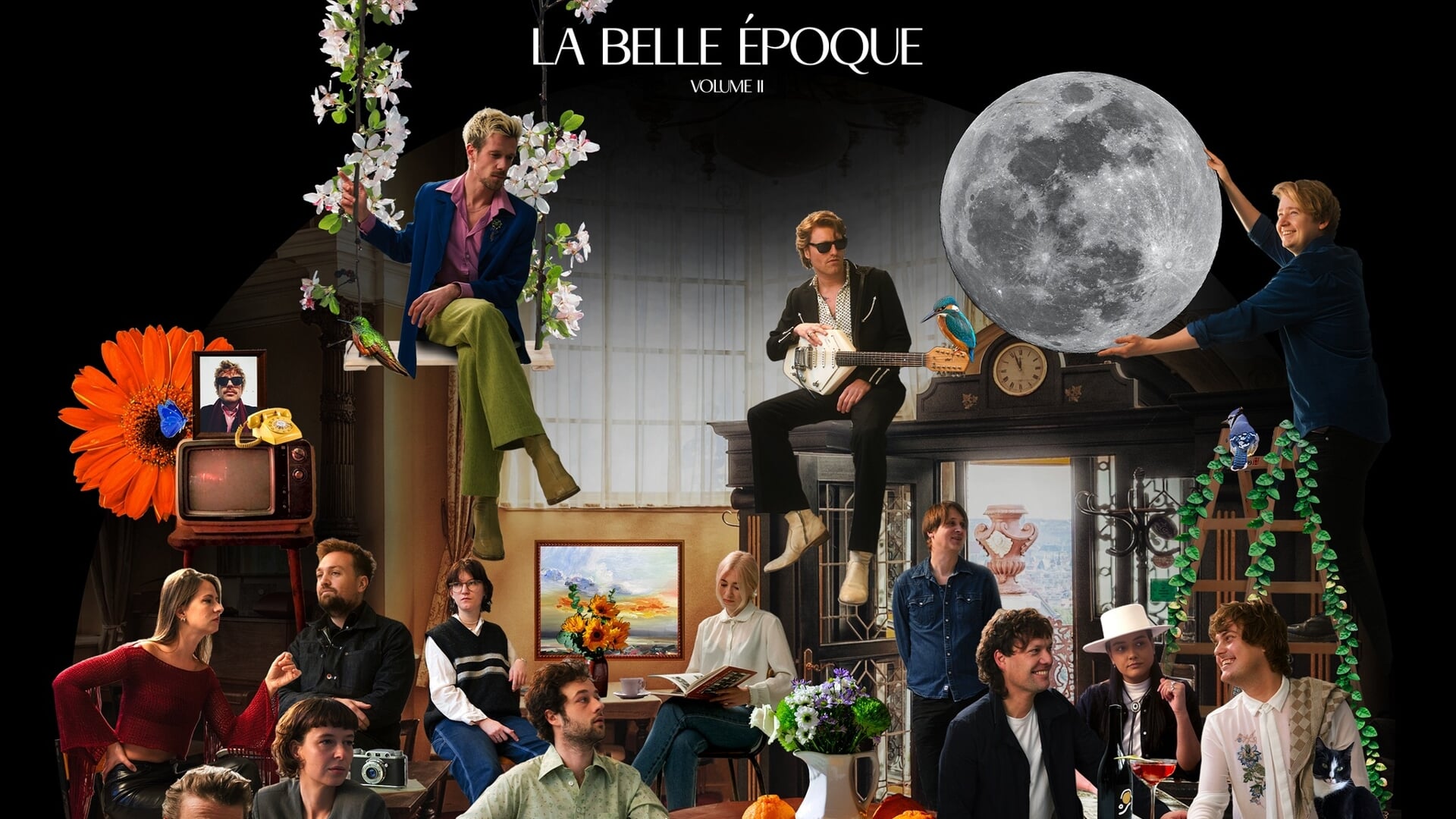 De hoes van La Belle Epoque Volume II, met alle gastzangers/-zangeressen bij elkaar. Rechtsboven als 'moonchild' Tom Broshuis. Hoesontwerp Liz Olijslager