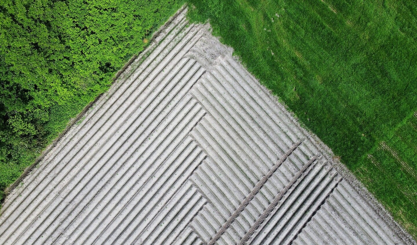 Dronefoto van een aardappelveld. Foto: Paul van Druten