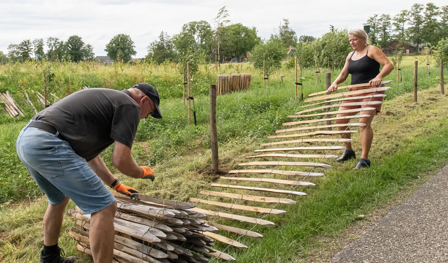 Vrijwilligers in actie met het plaatsen van de omheining.