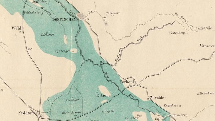 De overstroming van 1861. Silvolde is op deze kaart met een Z aangegeven. Afbeelding: archief Harry Massop.