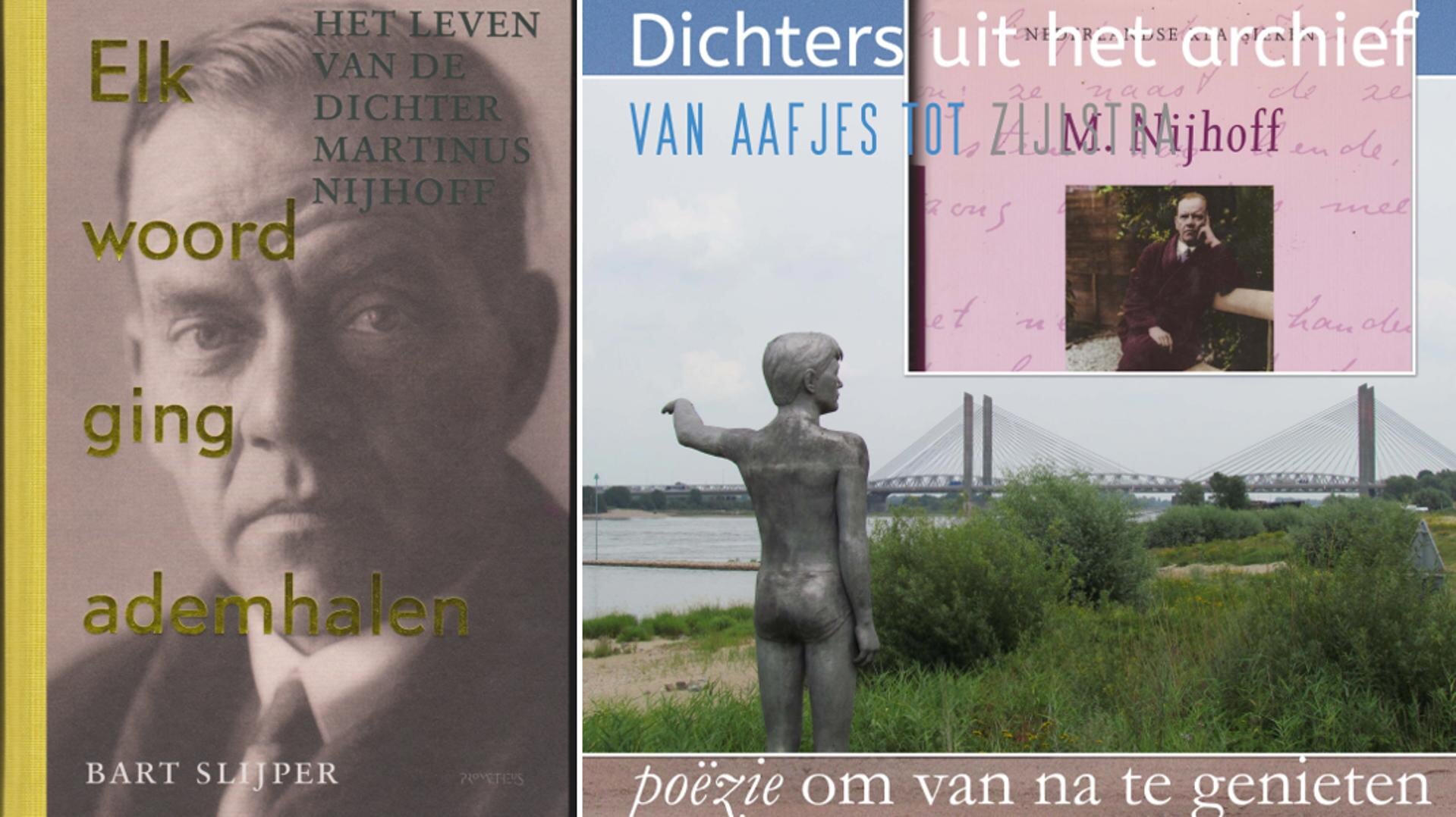 Omslag biografie over Martinus Nijhoff, Nijhoff-illustratie in het kader van een serie over dichters en de naar Nijhoff genoemde brug bij Zaltbommel. Foto: PR