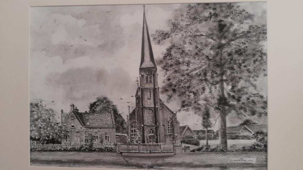 Pentekening van de St. Agathakerk in Harreveld door Herman Peppelman.