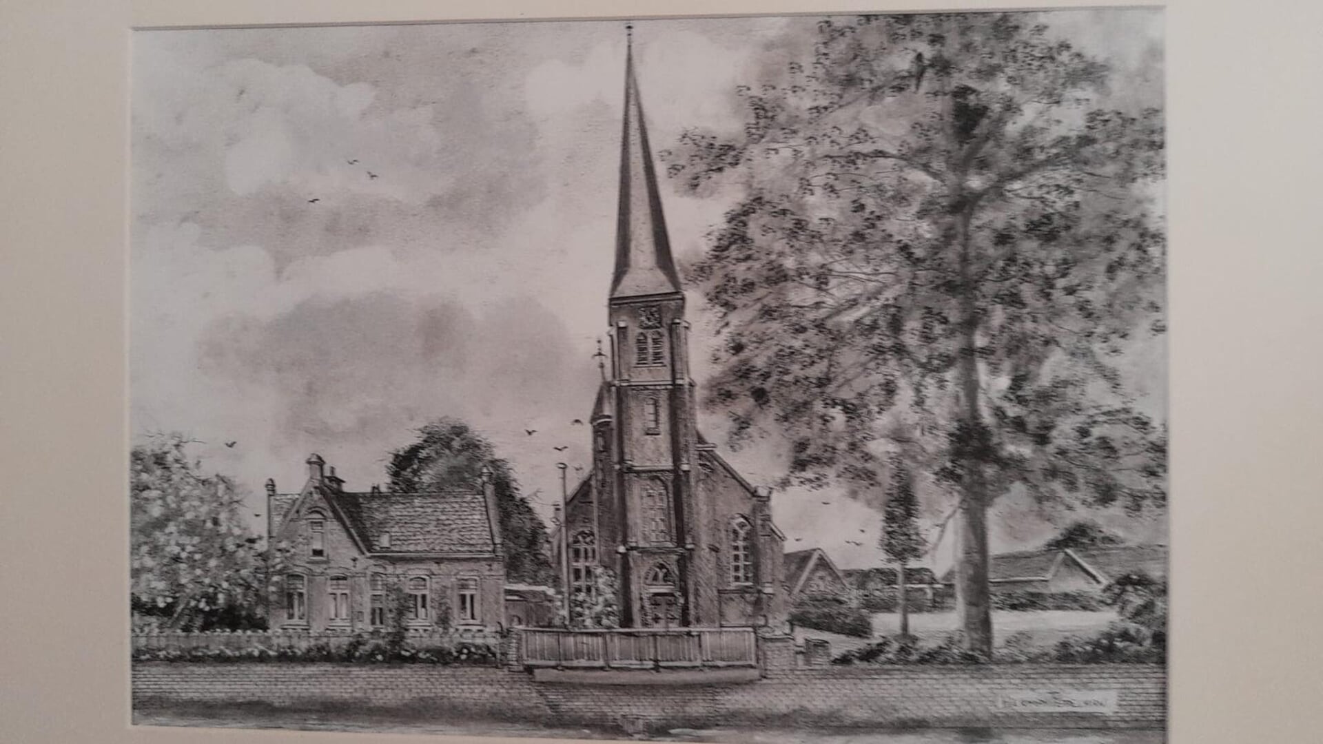 Pentekening van de St. Agathakerk in Harreveld door Herman Peppelman.