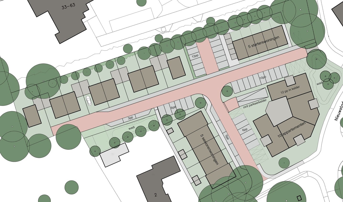 Plattegrond woningbouwproject op het terrein aan de Nieuwstad 30a in Vorden. Beeld: Friso Woudstra Architecten