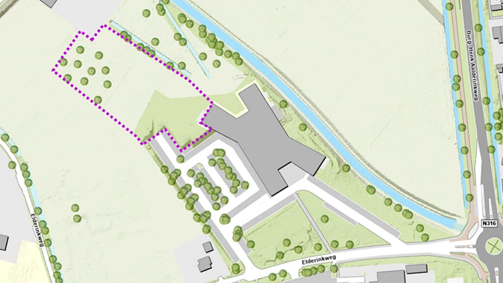 De beoogde locatie is met stippellijnen aangegeven. Het grote grijze vlak is het gemeentehuis. Bron: gemeente Bronckhorst