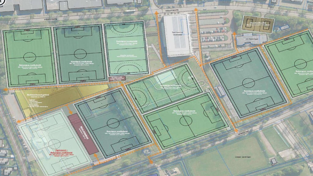 Impressietekening van de nieuwe inrichting van sportpark IJsselweide, scenario 1 van 2 april 2024. Bron: website v.v. Gendringen
