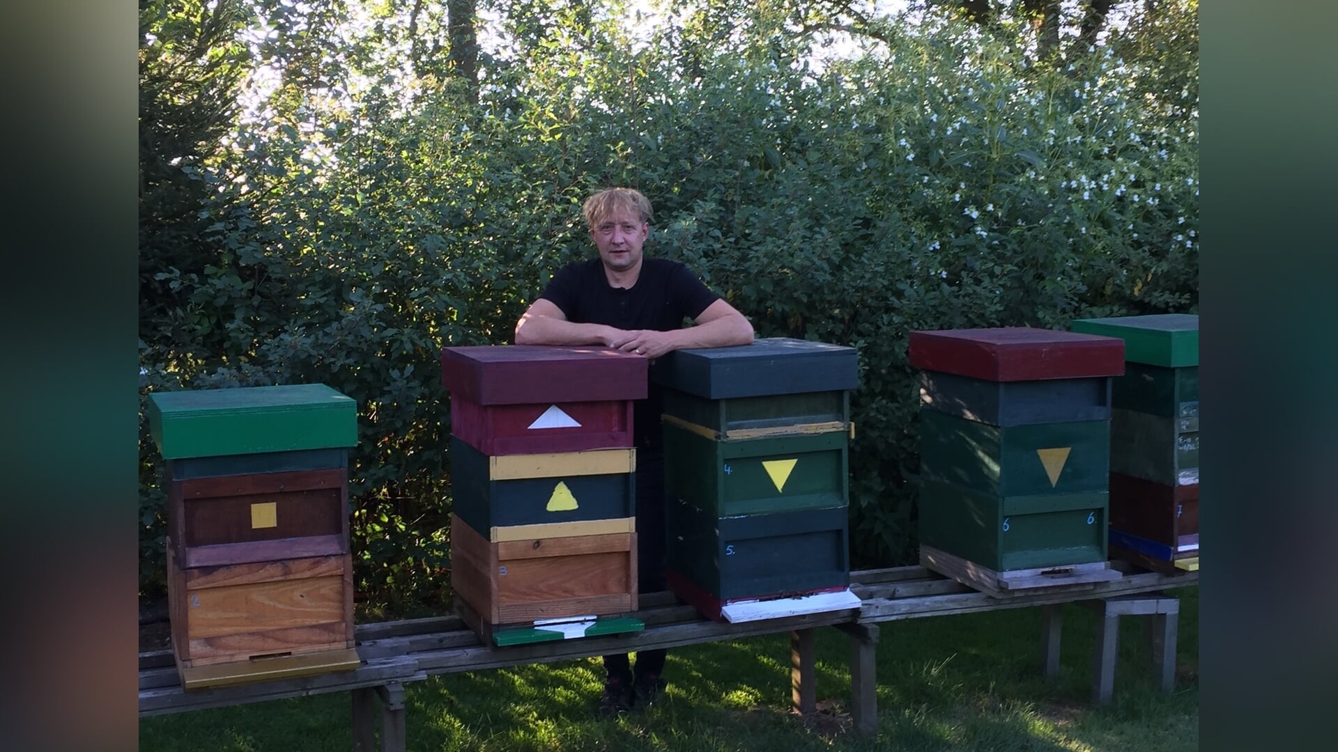 Imker Dajo Wielens met een aantal van zijn bijenkasten. Foto: PR